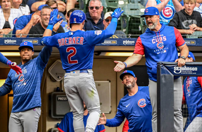 Chicago Cubs shortstop Nico Hoerner celebrates after his home run on Sunday.